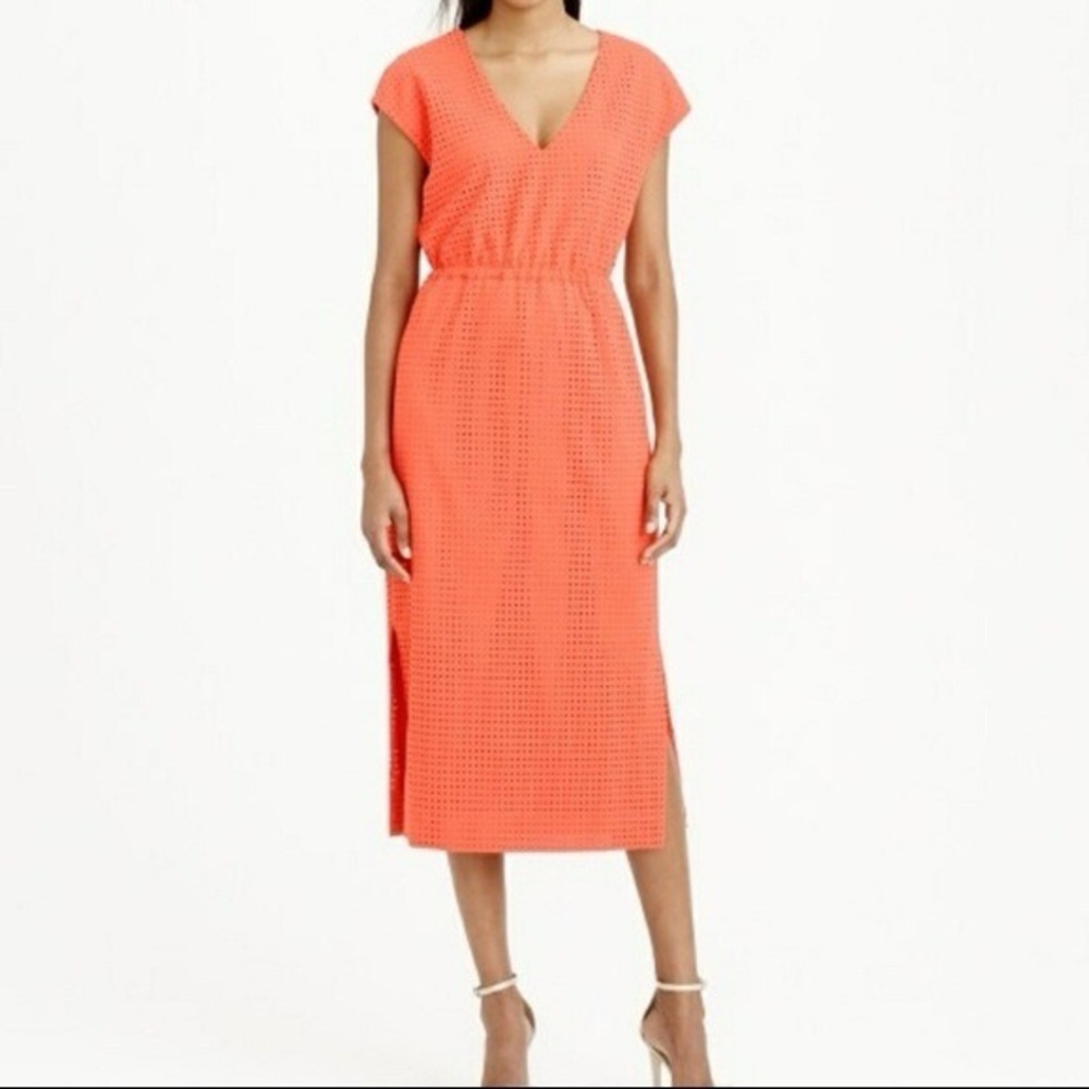NWT J.Crew Perforated Drapey Crepe Midi Dress, Sweet Persimmon Orange, Size 10